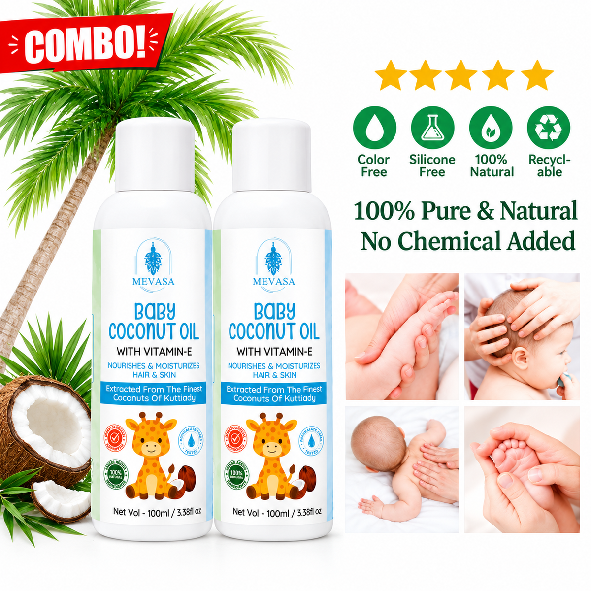 Virgin Coconut Baby Massage Oil with Vitamin E – 100% Natural