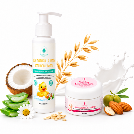 Mevasa Baby Ceramide Face Cream & Gentle Milky Baby Body Wash | Tear-Free, pH Balanced