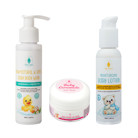 Mevasa 100% Natural Baby Face Cream, Lotion & Body Wash | Tear-Free, pH Balanced Baby Skincare Set