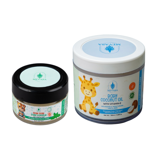 Mevasa Baby Care Combo | Virgin Coconut Oil for Massage, Skin & Hair Care (100ml) and Camphor-Free Natural Baby Cold & Cough Balm (10g)