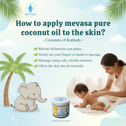 Instructional graphic on applying Mevasa pure coconut oil to a baby's skin with a woman and child, surrounded by palm trees and an elephant.