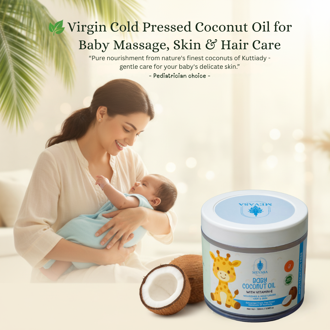 Woman holding a baby with a jar of Virgin Cold Pressed Coconut Oil for baby care.