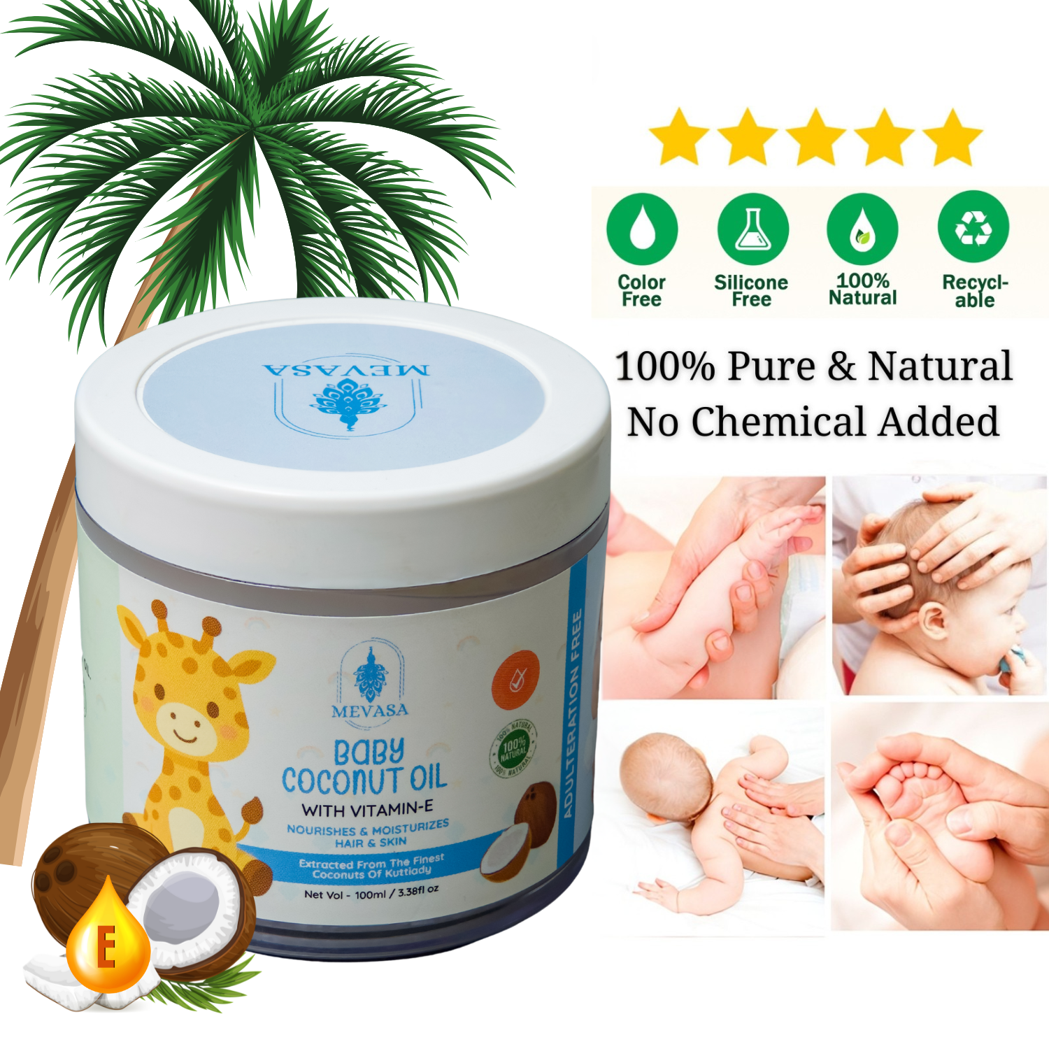 Container of MEVASA baby coconut oil with palm tree, baby care images, and product features.