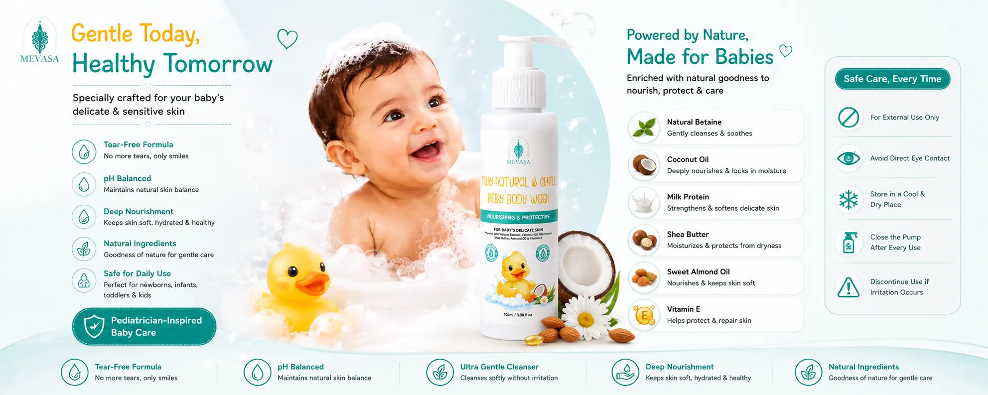 MEVASA Milky Natural & Gentle Baby Body Wash | Tear-Free, pH Balanced, Baby & Kids