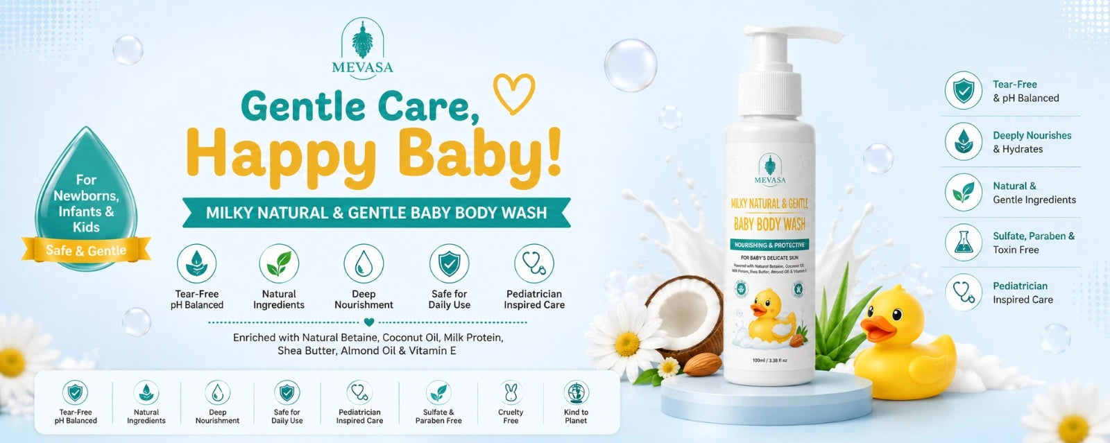 MEVASA Milky Natural & Gentle Baby Body Wash | Tear-Free, pH Balanced, Baby & Kids